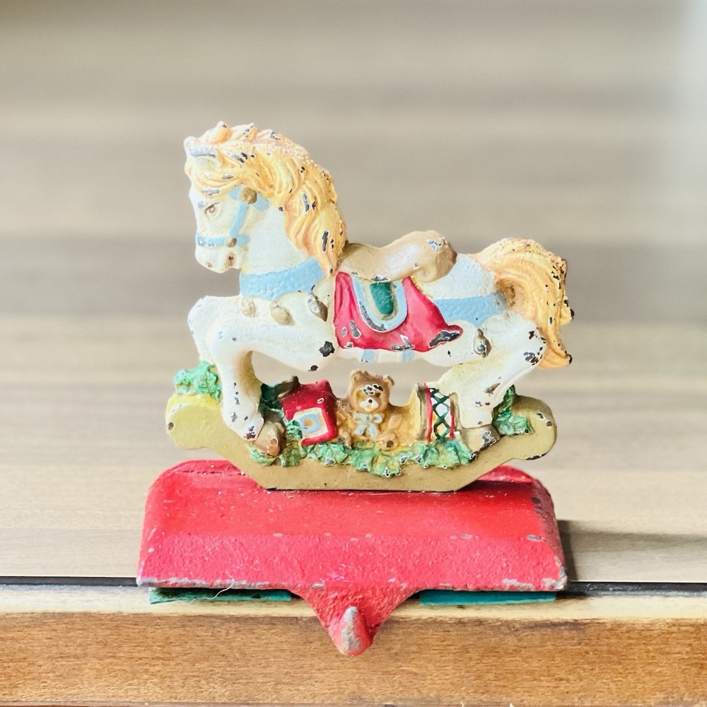 Vintage Rocking Horse Solid Cast Iron CHRISTMAS STOCKING Holder Hanger